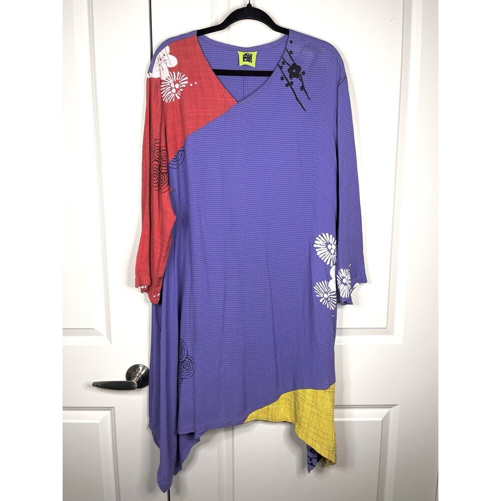 JGs Mad Lab Art To Wear Gingham Color Block Asymmetrical Hem Tunic Blouse Size L